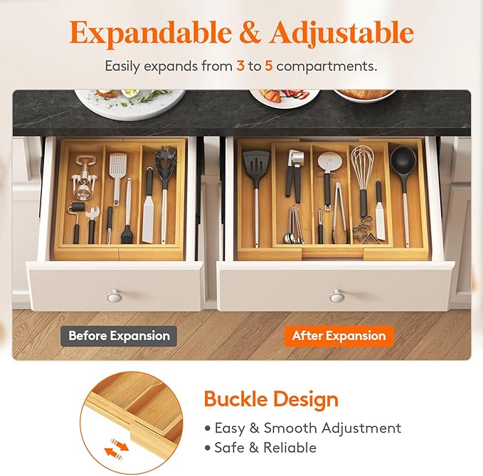 Lifewit Utensil Organizer for Kitchen Drawer, Expandable 13 to 22.4 Inches Wide, Adjustable Cooking Silverware Tray, Bamboo Cutlery Flatware Holder, Spatula Tools and Gadgets Storage Divider, Natural