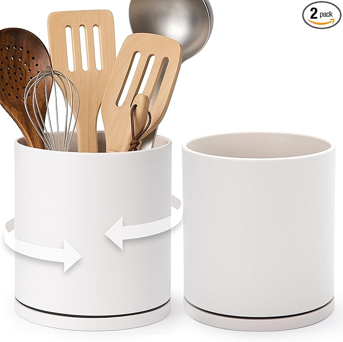 D'vine Dev 360° Rotating Utensil Holder – 7.2" Kitchen Utensil Crock for Countertop, Modern Cooking Tool Organizer for Kitchen Storage & Décor, Set of 2, Oatmeal, 72-Y-D-2