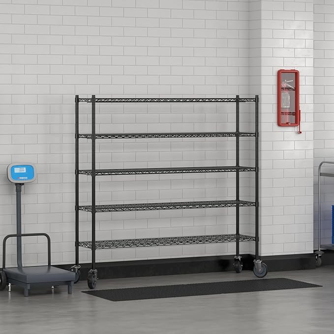 Commercial NSF Listed Black Epoxy Mobile Wire Shelving Kit 14" x 60" x 60", with 5 Shelves Perfect for Warehouse, Walk-in Refrigerator, Freezer, Grocery Store, Restaurant, Dishroom