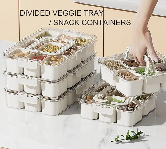 Divided Veggie Tray with Lid and Handle 9 Compartment Serving Tray with Dividers Portable Travel Snack Containers Stackable Snackle Box Charcuterie Container for Fruit,Vegetable,Salad (9 Containers)