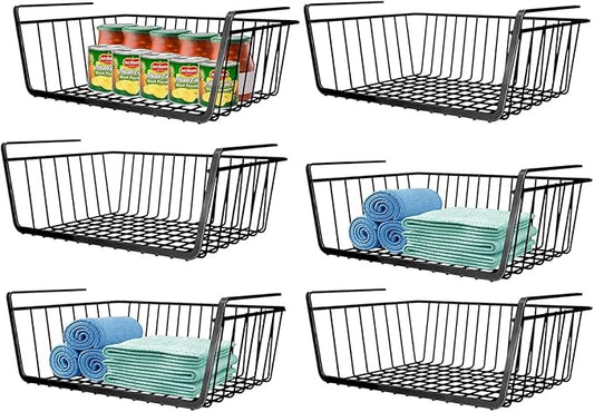 Ankuce 6 PACK Hanging Under Shelf Storage Basket Kitchen Cabinet Organizer Storage, Slides Under Wire Shelves for Counter Pantry Desk Bookshelf, Black