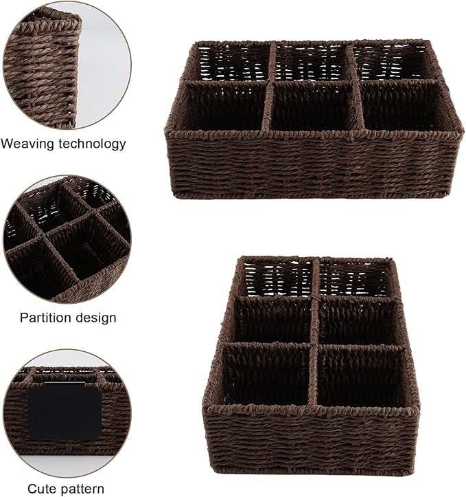 Snack Bar Station Organizer,Pantry Organizers and Storage Bins,Hand-Woven Snack Basket for Countertop with 6 Compartments,Snack Display Box for Candy,Drink Packet,Chips,Spice Organizer,Brown