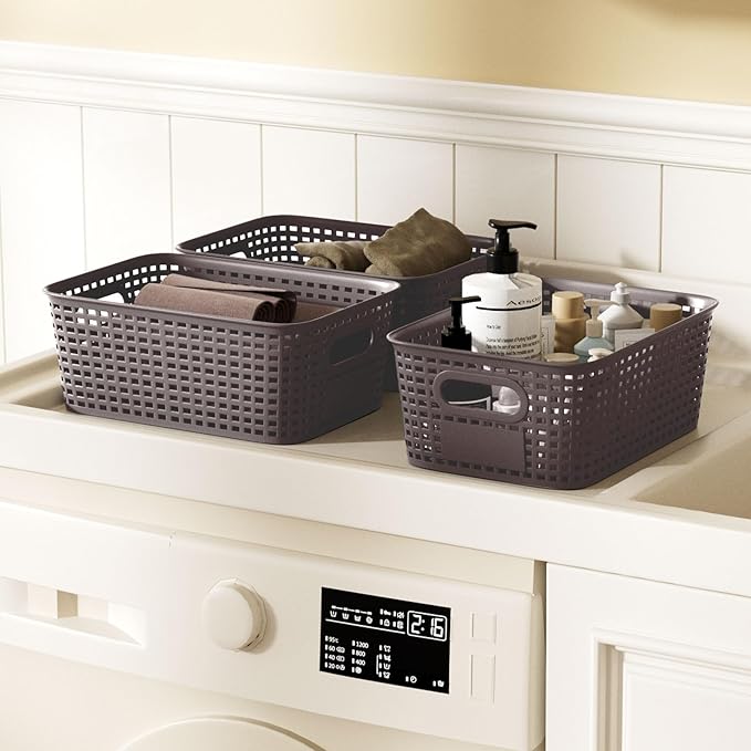 Plastic Storage Bins with Bamboo Lid - Pantry Storage Baskets with Lid - Stackable Container with Lable for Organizing: Small Storage Box for Shelves Office Cabinet Drawer Closet 9x7x4 In - White 6Pcs