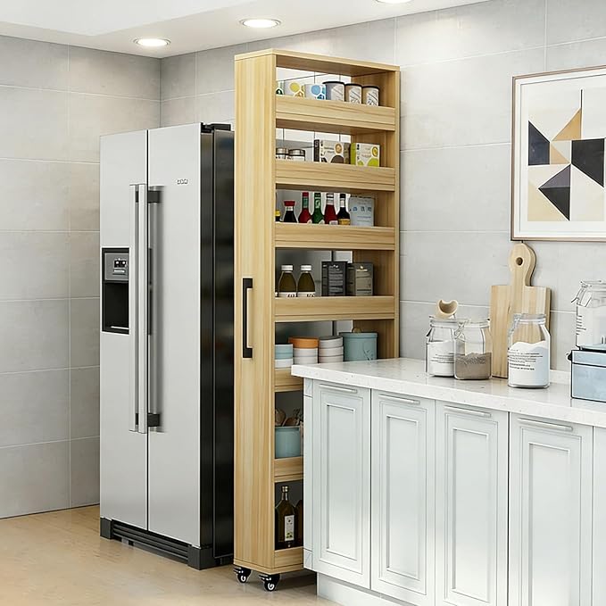 7-Tier Slim Storage Cart, Wooden Rolling Pantry Cabinet with Wheels, Narrow Shelf Organizer for Kitchen, Bakers Rack, Dining Room, Closet,Natural,W7.9×D21.7×H72.4