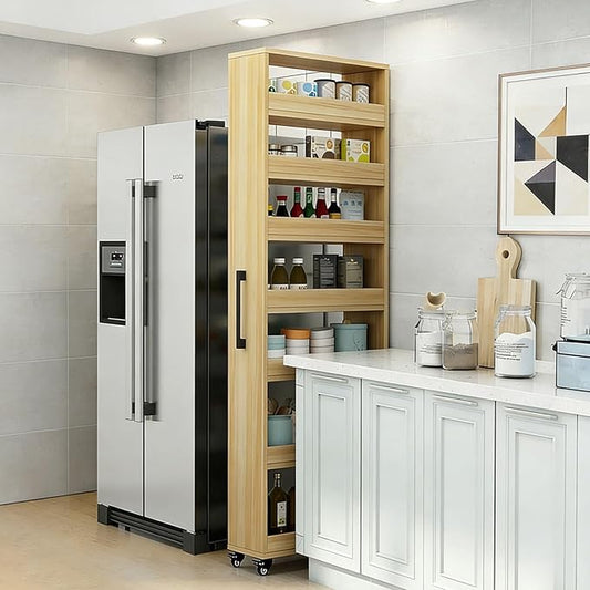 7-Tier Slim Storage Cart, Wooden Rolling Pantry Cabinet with Wheels, Narrow Shelf Organizer for Kitchen, Bakers Rack, Dining Room, Closet,Natural,W7.9×D21.7×H72.4