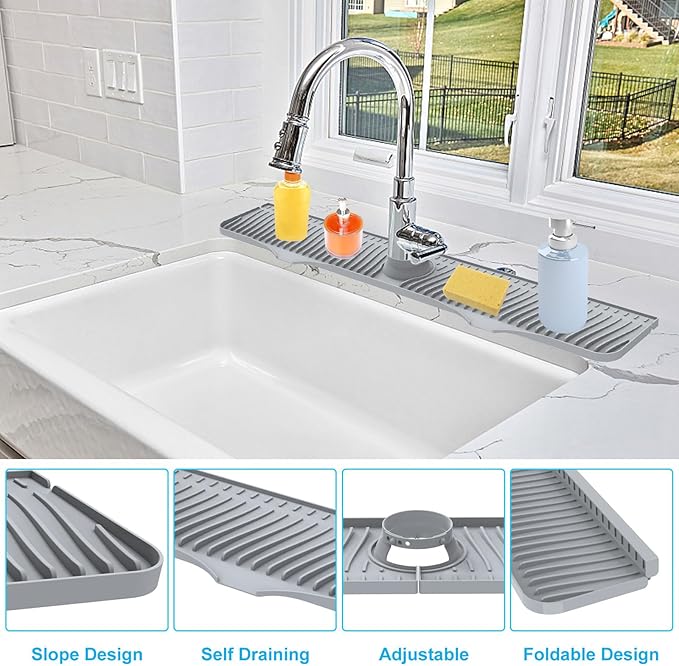 Kitchen Sink Splash Guard, 32"x 5.5", Silicone Faucet Splash Guard, Longer Silicone Sink Mat for Kitchen, Bathroom, Laundry Room, Farmhouse, Bar & RV (Gray)