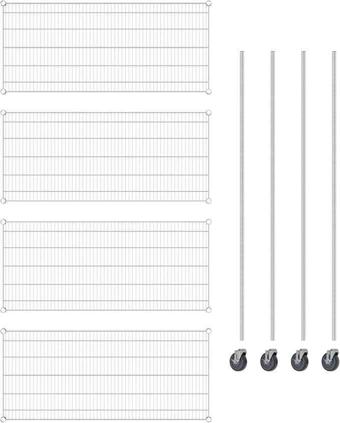 Commercial NSF Listed Chrome Mobile Wire Shelving Kit 24" x 54" x 80", with 4 Shelves Perfect for Warehouse, Walk-in Refrigerator, Freezer, Grocery Store, Restaurant, Dishroom