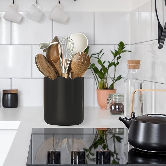 Ceramic Utensil Holder for Kitchen Counter, 6.2" Kitchen Utensil Holder with Cork Bottom for Countertop, Modern Scalloped Cooking Tool Organizer for Spatula, Black