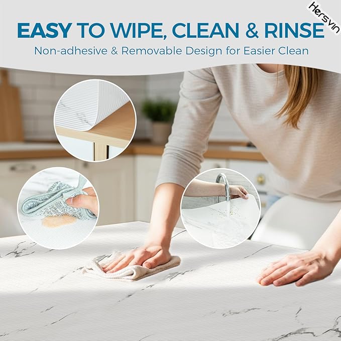 Hersvin Shelf Liners 14 in x 20 ft EVA Drawer Mats, Non-Adhesive Cupboard Protector, Kitchen Cabinet Lining Fridge Liner (White Marble Stripe, 35.6x610cm)