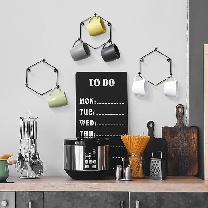 MyGift Modern Wall Mounted Mug Holder Coffee Mug Racks, Geometric Black Metal 9 Cup Rack Holder, Set of 3