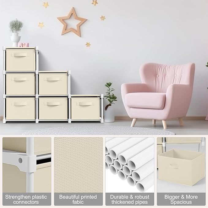 Thyle Large Cube Storage Organizer Shelf with 6 Bins 14 Inch Fabric Collapsible Cubby Storage Drawers Shelving Unit for Christmas Ornaments Clothes Toys Craft(Beige,Minimalist)