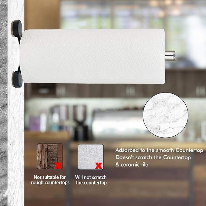 2 Pcs Stainless Steel Countertop Paper Towel Holder, Stable Paper Roll Stand with Suction Cups for Wall or Table