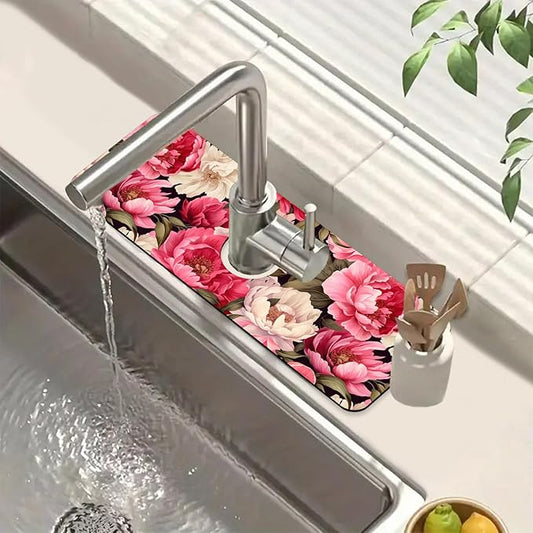 Garden Flowers Sink Splash Guard Faucet Mat Watercolor Peonies Super Absorbent Fast Drying Mat Sink Gadgets-Splash Guard Behind Faucet Drip Catcher for Kitchen Bathroom, 15.5"x5.5"