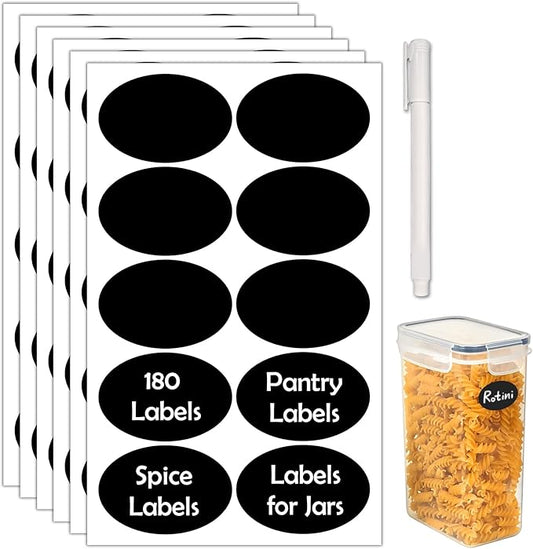 JIEHENG 180Pcs Chalkboard Labels for Jars, Waterproof Reusable Blackboard Stickers with 1 Liquid Chalk Markers, Organization Labels Removable (Black, Round)