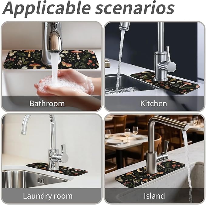 Kitchen Sink Splash Guard，Mushrooms, stars,moon Faucet Mat Sink Gadgets-Super Absorbent Fast Drying Mat Drip Catcher for Kitchen, Bathroom,Sink Mat, Dish Drying Mat, Bathroom(15" X 5.5" )