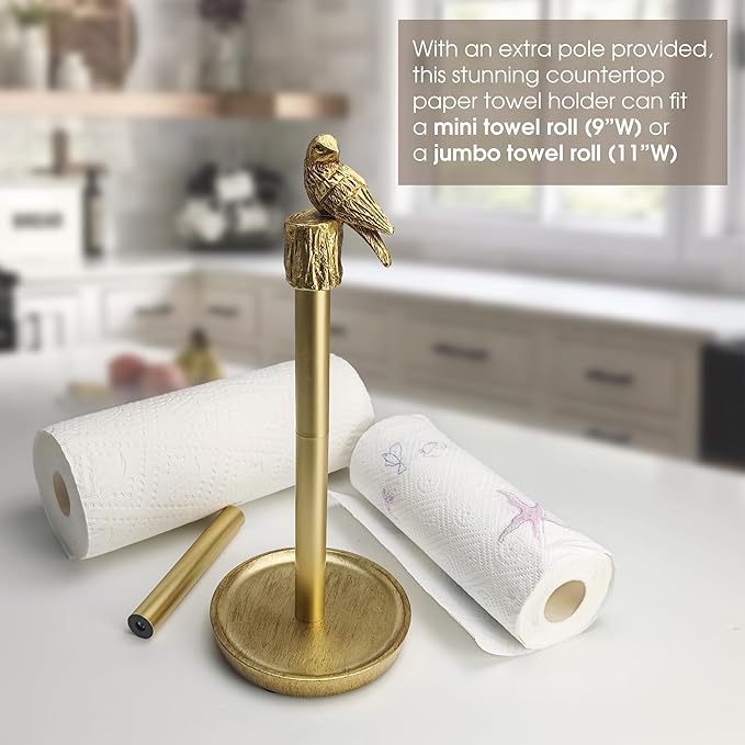 Paper Towel Holder Countertop, Gold Paper Towel Stand with Bird Design Top