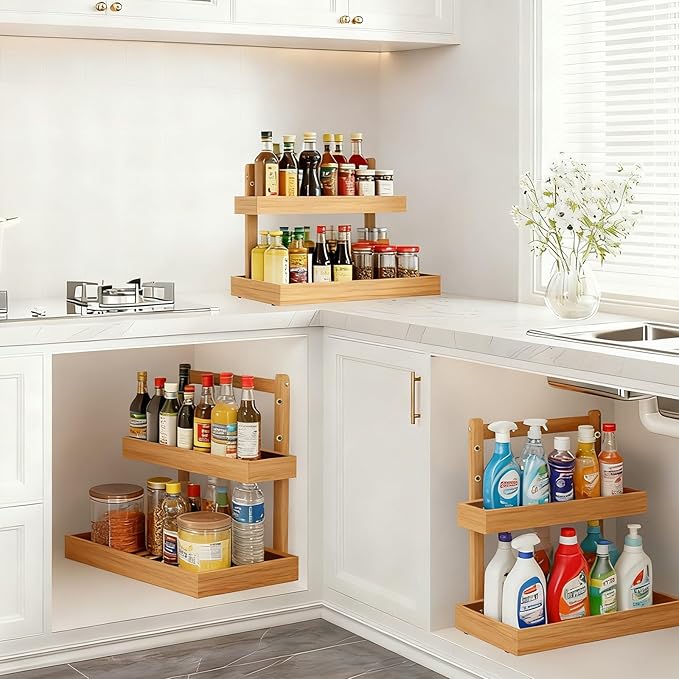 Bamboo Undersink Organizer Storage - 2-Tier Cabinet Shelf with Adjustable Levels, Under Sink Storage Slide Out for Cabinet Pantry Kitchen Bathroom