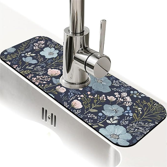 Kitchen Sink Splash Guard，Lush blue pink floral Faucet Mat Sink Gadgets-Super Absorbent Fast Drying Mat Drip Catcher for Kitchen, Bathroom,Sink Mat, Dish Drying Mat, Bathroom(15" X 5.5" )