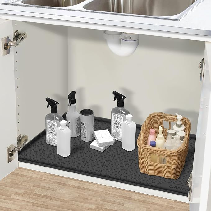 CANIVI Under Sink Mat, 28" x 22" Waterproof Silicone Under Sink Tray for Kitchen & Laundry Cabinets, Kitchen Cabinet Shelf Protector, Up to 3 Gallons Liquid, Fits 36 inch Standard Cabinet (Black)