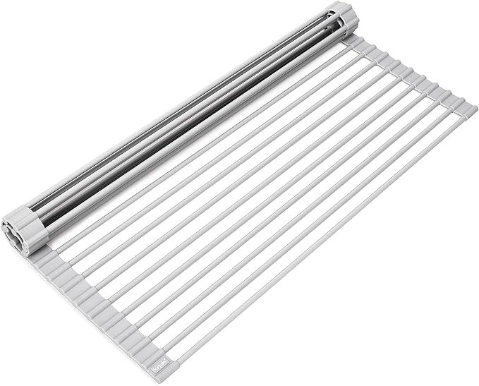 Surpahs Roll-Up Dish Drying Rack, Warm Gray, 20.5" x 15.5", Wide Platform, Fits Sinks up to 19.5", Silicone-Coated Stainless Steel