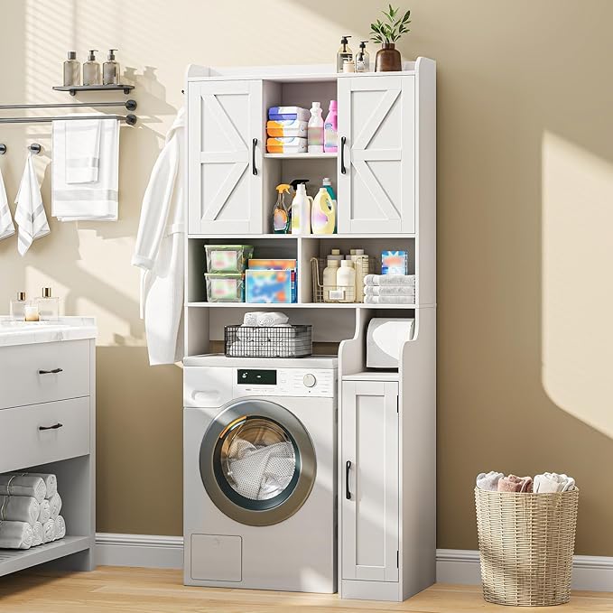 Over The Toilet Storage Cabinet, Bathroom Over Toilet Storage Organizer with Barn Doors and Paper Holder Stand Farmhouse Space Saving Rack Cabinet with Adjustable Shelves for Bathroom, Laundry (White)