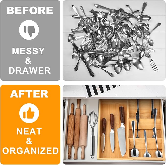 Silverware Drawer Organizer with Expandable Tray for Kitchen Drawer, Adjustable Compact Plastic Kitchen Utensil Storage for Spoons Forks Knives Easy to Access & Clean (bamboo, standard)