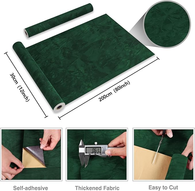 CRE8TIVE Green Felt Drawer Liner for Jewelry Box Self Adhesive Crinkle Crushed Velvet Contact Paper Flocking Liner for Drawers 12"x80" Luxury Fabric Green Wallpaper for Girls Room Displays DIY Crafts