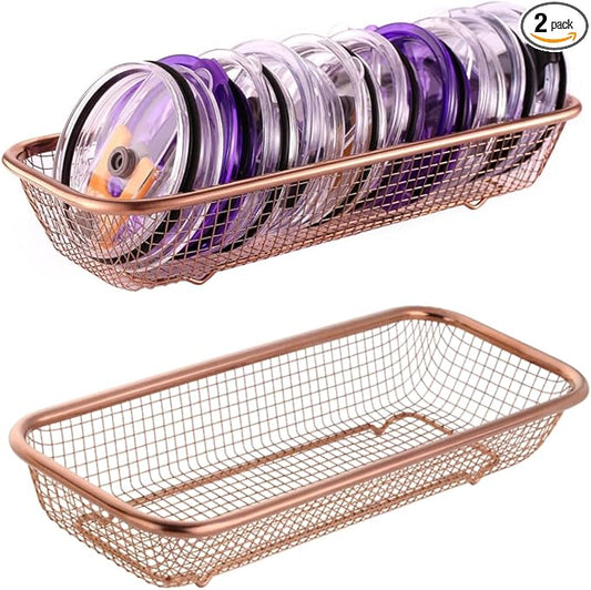 2Pack Stainless Steel Tumbler Cup Lid Organizer Inside Cabinet, Mason Jar Lid H, Rectangular Basket for Storage of Silverware, Chopsticks, straws and Utensils, Rosegold