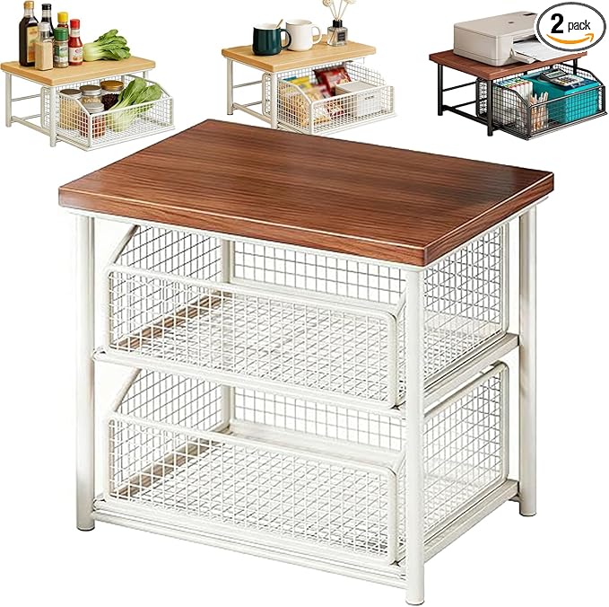 Kitchen Countertop Organizer with Drawer and Wire Basket, 2-Tier Hardwood Shelf for Microwave, Sturdy Hardwood Shelf, Space-Saving, for Storage in Family Tables, Kitchens, Bedroom Home (2, A-4)