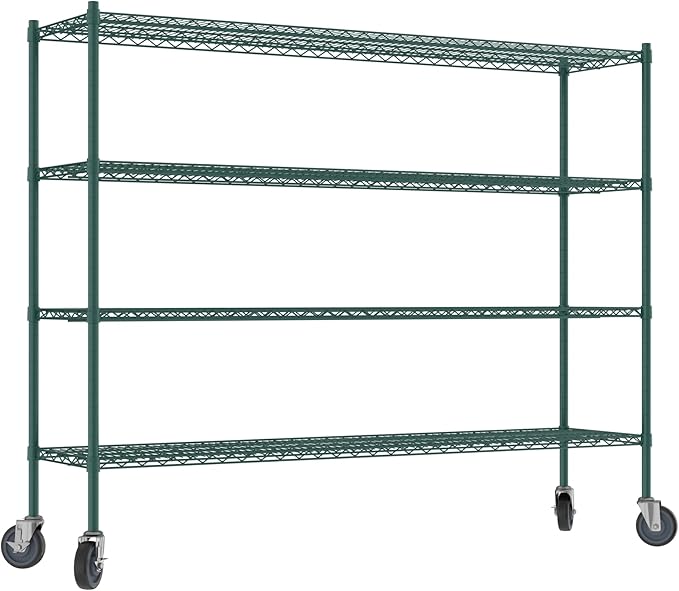 Commercial NSF Listed Green Epoxy Mobile Wire Shelving Kit 18" x 72" x 60", with 4 Shelves Perfect for Warehouse, Walk-in Refrigerator, Freezer, Grocery Store, Restaurant, Dishroom