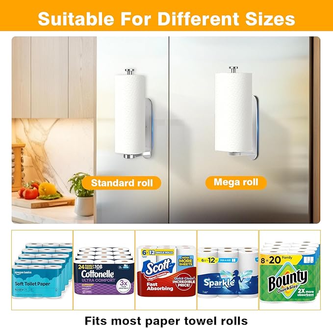 Magnetic Paper Towel Holder for Fridge -No Drill, One Hand Tear RV Paper Towel Holder with Ratchet Mechanism, Self-Adhesive & Wall Mount for Refrigerator, Kitchen, Grill, Garage (Silver)