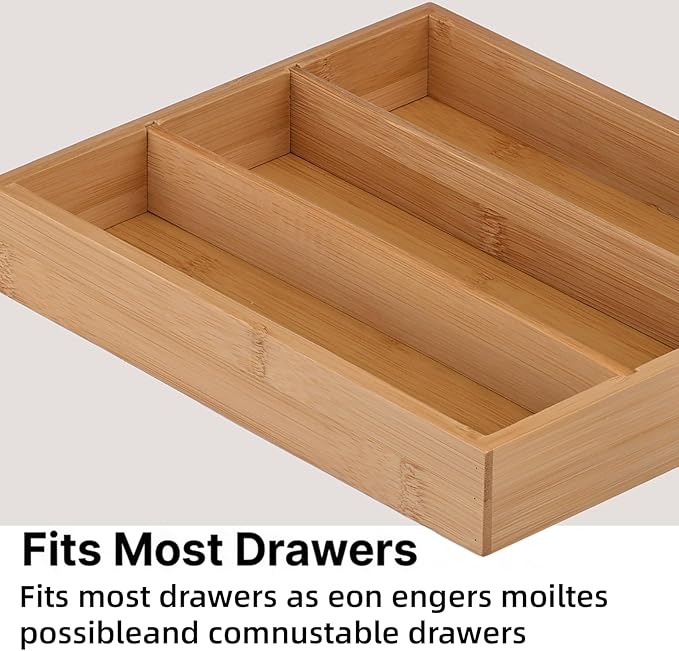 Wooden Silverware Organizer for Drawer, Bamboo Utensil Drawer Organizers, Kitchen Utensil Organizer Tray with 3 Storage Compartments, Flatware Organizers for Cutlery Flatware "9.84 x 8.27 x 1.57"