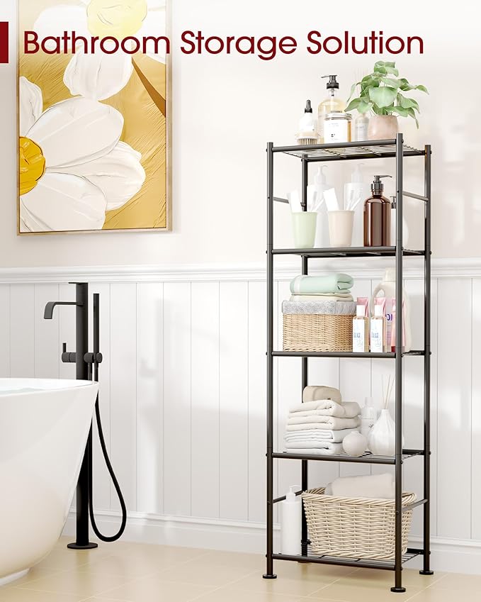 5-Tier Metal Storage Shelves - Slim Shelf Organizer with Reinforced Side Bars, Spacious Storage for Kitchen, Bathroom, and Laundry Room Organization, 18.2" x 12.5" x 57.1", Black