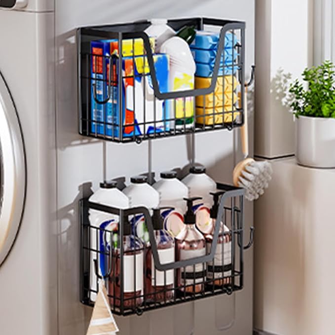 TOPINCN Magnetic Shelf for Fridge, 2 Set Fruit Potato Onion Storage Bins with Dual Reinforced Magnets 30lb Weight Limit, for Refrigerator Kitchen Counter Cabinet Organizer (Black)