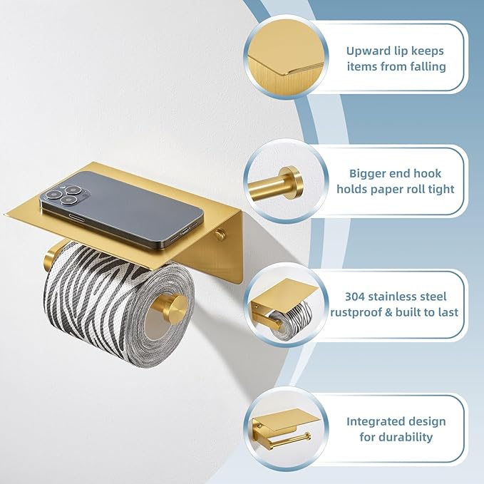 APLusee Brushed Gold Toilet Paper Holder with Shelf, 304 Stainless Steel Wall Mounted Compact Bathroom Tissue Hanger