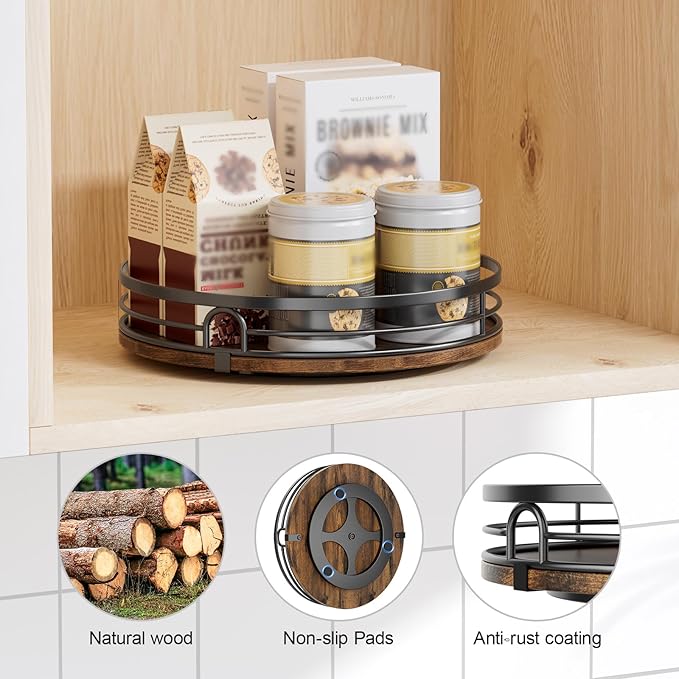 LAMU 9'' Lazy Susan Turntable Organizer for Cabinet, Round Wood Lazy Susan for Table Top, Kitchen, Countertop, Pantry, Spice, Bathroom Vanity, Coffee, Decor