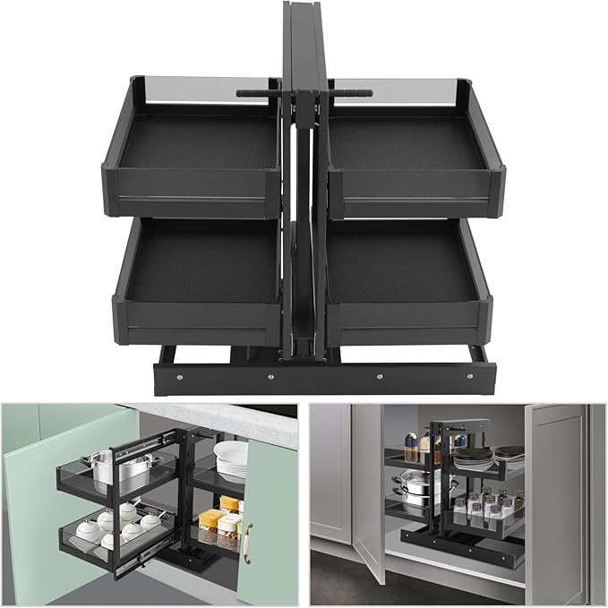2-tier Pull-out Organizer with 4 Baskets, Kitchen Cabinet Blind Corner Pull-out Organizer, Corner Pull Out Cabinet with Sliding Design, Left Open & Right Open Compatible