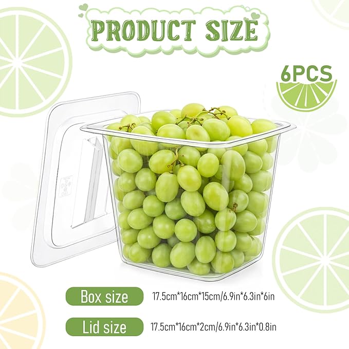 Plastic Food Pan with Lids 1/6 Size Stackable Food Containers with Capacity Indicator Restaurant Commercial Hotel Pans for Prep Tables, Salad Bar and Home Kitchen(6 PCS, 6'' Deep)
