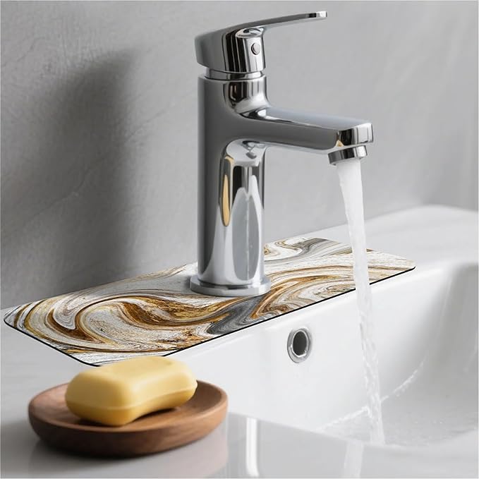 Kitchen Sink Splash Guard，White-grey gold marble Faucet Mat Sink Gadgets-Super Absorbent Fast Drying Mat Drip Catcher for Kitchen, Bathroom,Sink Mat, Dish Drying Mat, Bathroom(15" X 5.5" )