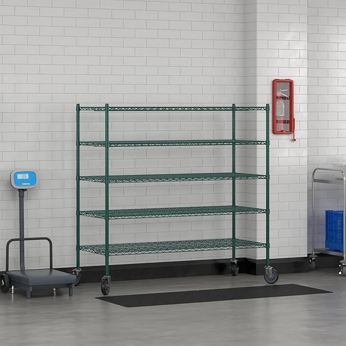 Commercial NSF Listed Green Epoxy Mobile Wire Shelving Kit 24" x 60" x 60", with 5 Shelves Perfect for Warehouse, Walk-in Refrigerator, Freezer, Grocery Store, Restaurant, Dishroom