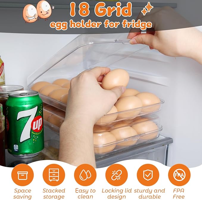 Pidea Shop Egg holder for fridge - deviled egg containers with lid, Clear Stackable Plastic Egg Holder, Space-Saving 36 Egg refrigerator Organizer (Clear, Pack of 02)