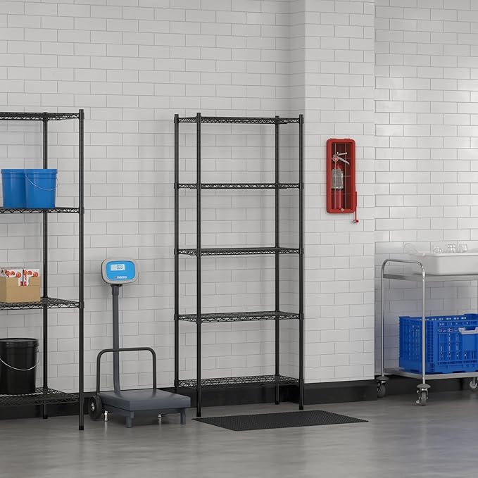 Commercial NSF Listed Black Epoxy Stationary Wire Shelving Kit 14" x 30" x 74", with 5 Shelves Perfect for Warehouse, Walk-in Refrigerator, Freezer, Grocery Store, Restaurant, Dishroom