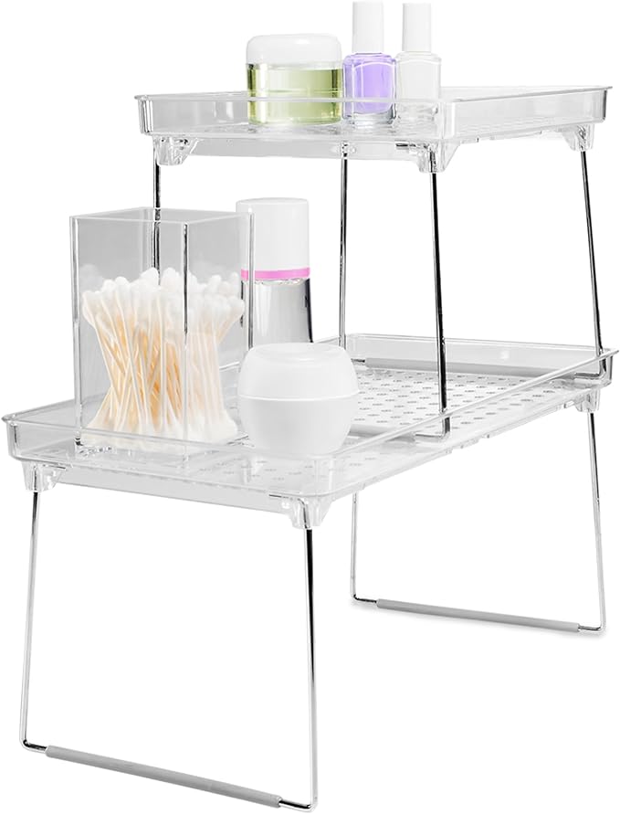 madesmart Medium Stackable Storage Shelf for Cabinets or Counters, Plastic Collapsible Cabinet Shelf for Home Organization, Clear (Pack of 2)