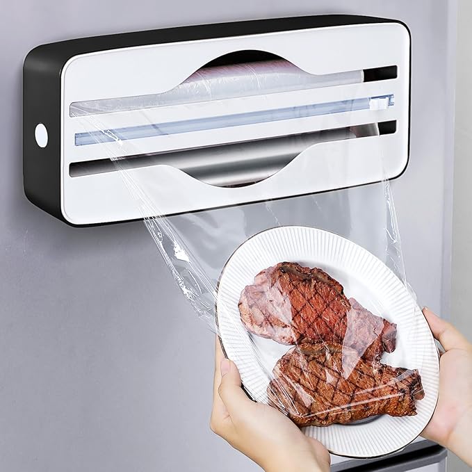 Dual-Slot Multifunctional Kitchen Cutter | For Cling Film, Aluminum Foil, and Parchment Paper Storage & Cutting | Easily Cut Two Materials at Once (Black(magnetic))