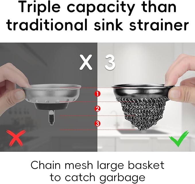 1 Set Kitchen Sink Strainer (Black): with Adapter, Flexible Insert Chain Mesh Screen. 304 Stainless Steel, Clog-Free Catcher for Universal Sizes (Garbage Disposal)