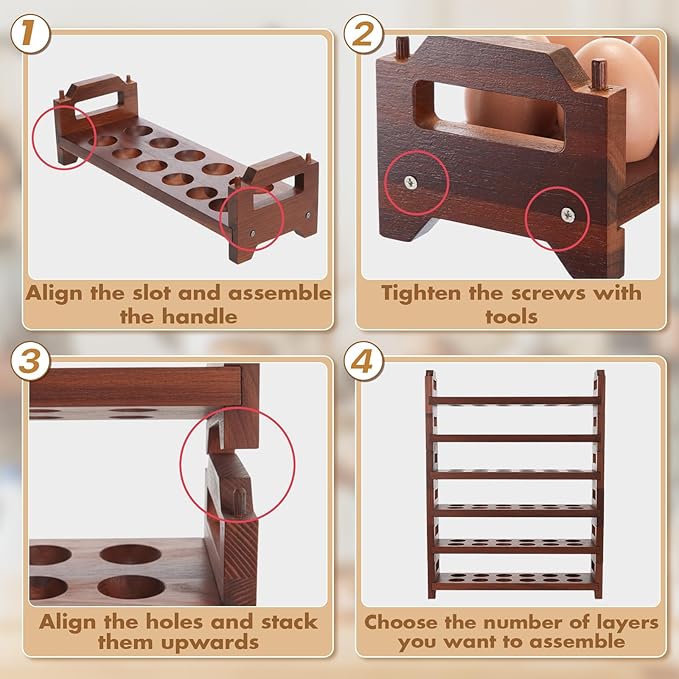 Maxcheck 6-Tier Stackable Egg Holder Acacia Wood Egg Storage Rack with Handles Shelf Storage up to 108 Countertop Organizer for Kitchen, Refrigerator