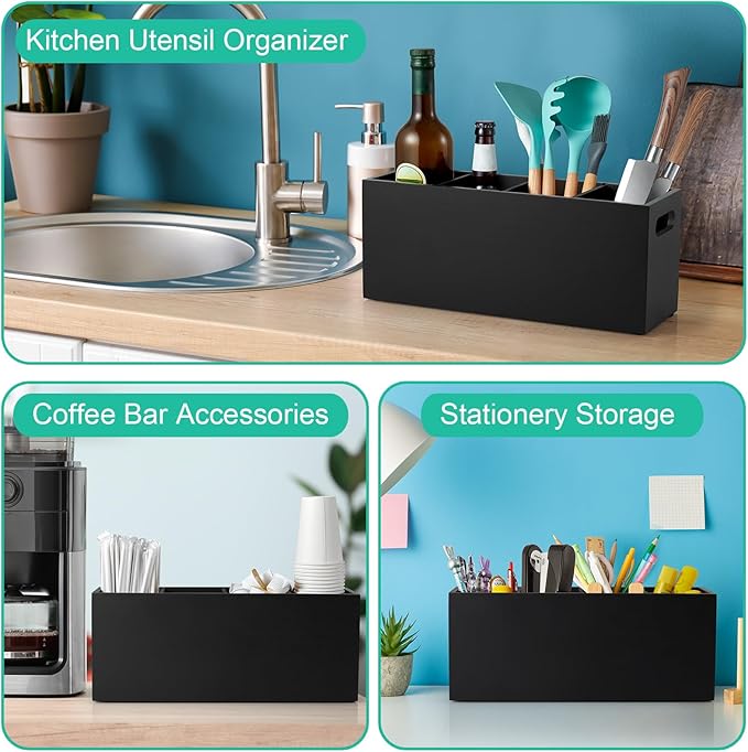 ALELION Large Utensil Holder with Removable Divider - 4 Compartment Wooden Utensil Caddy Organizer for Kitchen Counter - Black Cooking Utensil Crock for Countertop