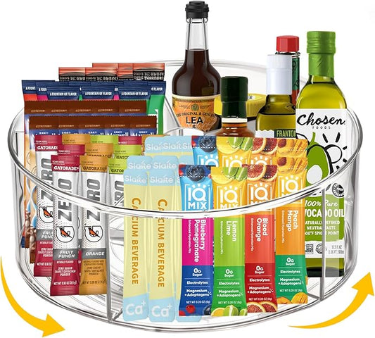 Clear Acrylic Drink Packet Organizer 11.7" x 11.7" x 4.5", 360° Rotating Carousel Lazy Susan Storage Bins Turntable 5-Compartment Dividers for Kitchen Fridge Pantry Powdered Drinks Water Snacks