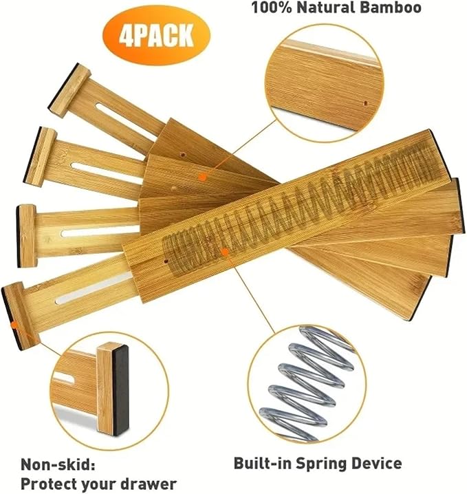 Bamboo Drawer Dividers Organizers Adjustable Expandable Spring Loaded Separators For Kitchen Bedroom Dresser Offic(4PCs 17-22in)