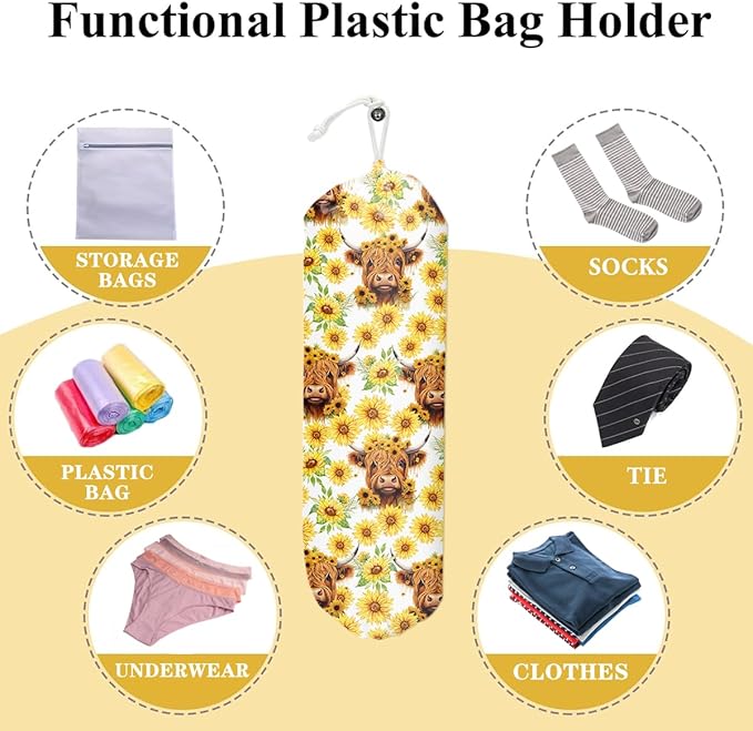 Highland Cattle Cow Plastic Bag Holder, Grocery Bag Holder, Plastic Bag Storage Organizer, Plastic Bag Holders for Grocery Bags, Sunflower Home Kitchen Decor, Gifts for Women Mom Grandma